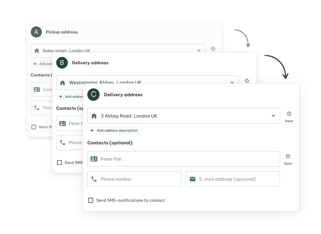 Eksempel på bestilling med flere stopp
