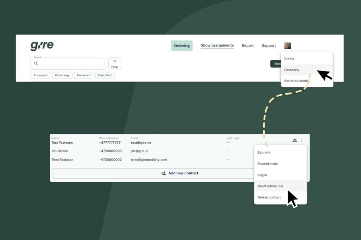 Skärmdump av Gires användarhanteringspanel med rullgardinsmeny för adminroll och annoterade pilar