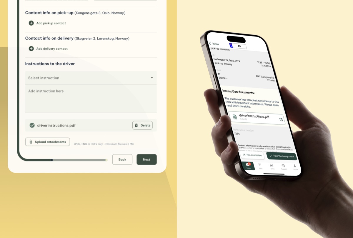 Gire nettbestillingsskjema med dokumentopplasting og sjåførapp på iPhone med vedlagt instruksjons-PDF
