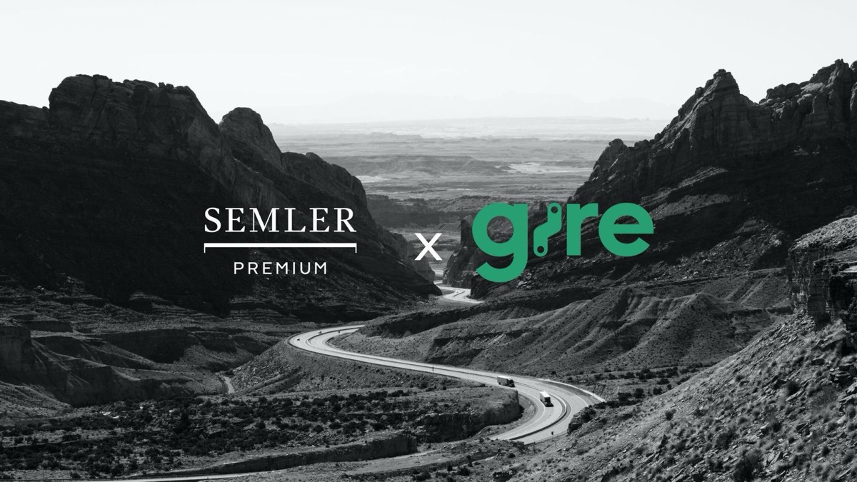 Semler Premium x Gire-partnerskab – logoer lagt over et luftfoto af en snoet vej