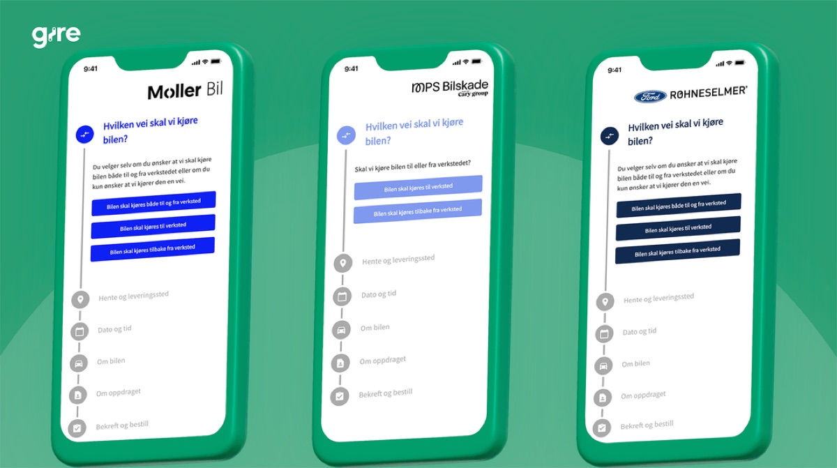 Tre telefonskærme med tilpassede Gire-bestillingsformularer mærket for Moller Bil, MPS Bilskade og Rohneselmer Ford