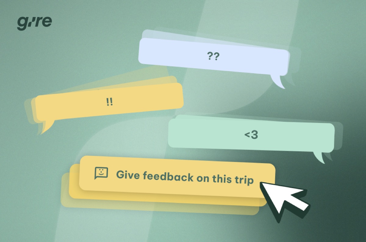 Gire-grafikk med pratebobler og en knapp for å gi tilbakemelding på turen