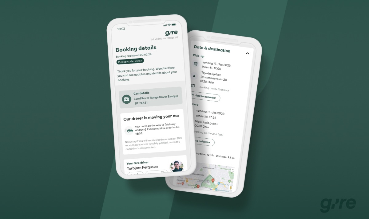 To telefonskjermer som viser Gires bestillingsstatus med sjåførnavn, bildetaljer og leveringstid