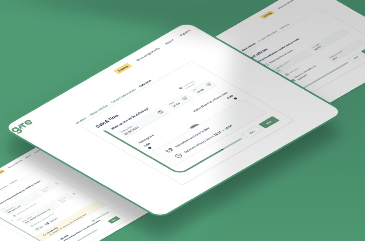 3D-modell av Gires nettbestillingsflyt med dato- og tidsvalg på overlappende skjermer