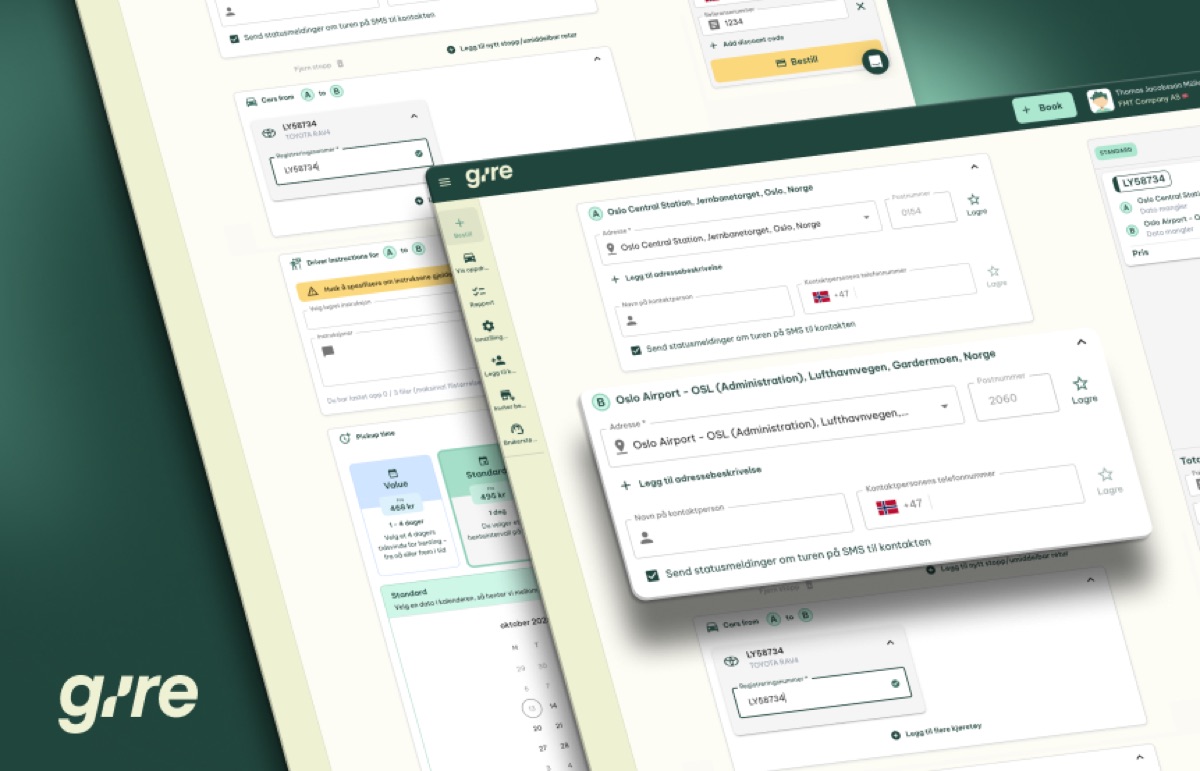 Lagdelte skærmbilleder af Gires web-bestillingsformular med adresseindtastning, chaufførinstruktioner og ordresammenfatning