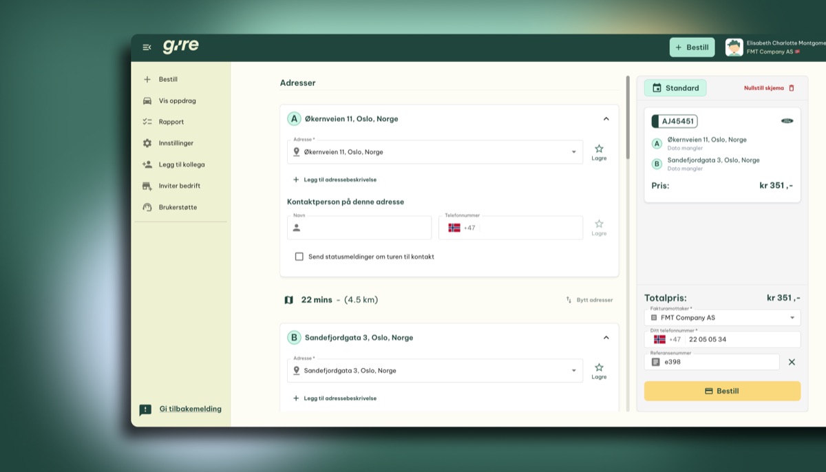 Gire nettbestillingsskjema med henteadresse og leveringsadresse for Oslo, rutekart og prisoversikt