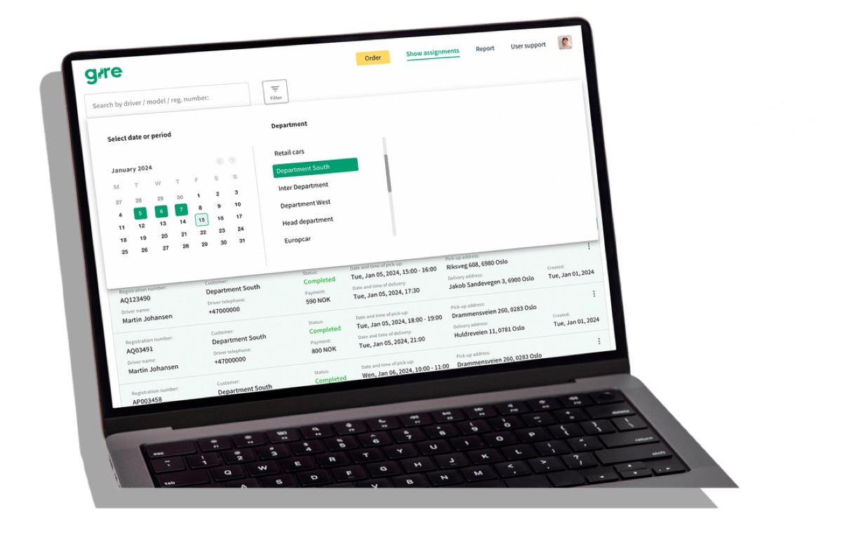 Bærbar PC med Gires dashboard med datovelger og avdelingsfilter åpent over en bestillingsliste