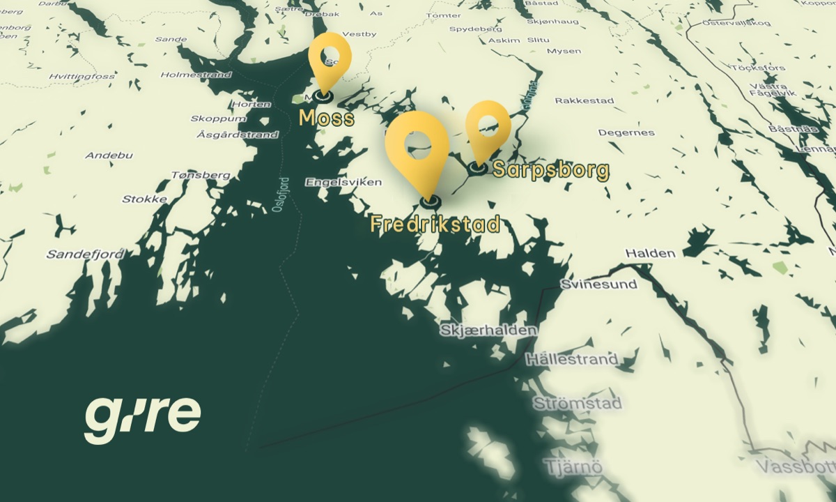 Gire-kart som viser tre nye sjåførbaser: Moss, Fredrikstad og Sarpsborg sør for Oslo