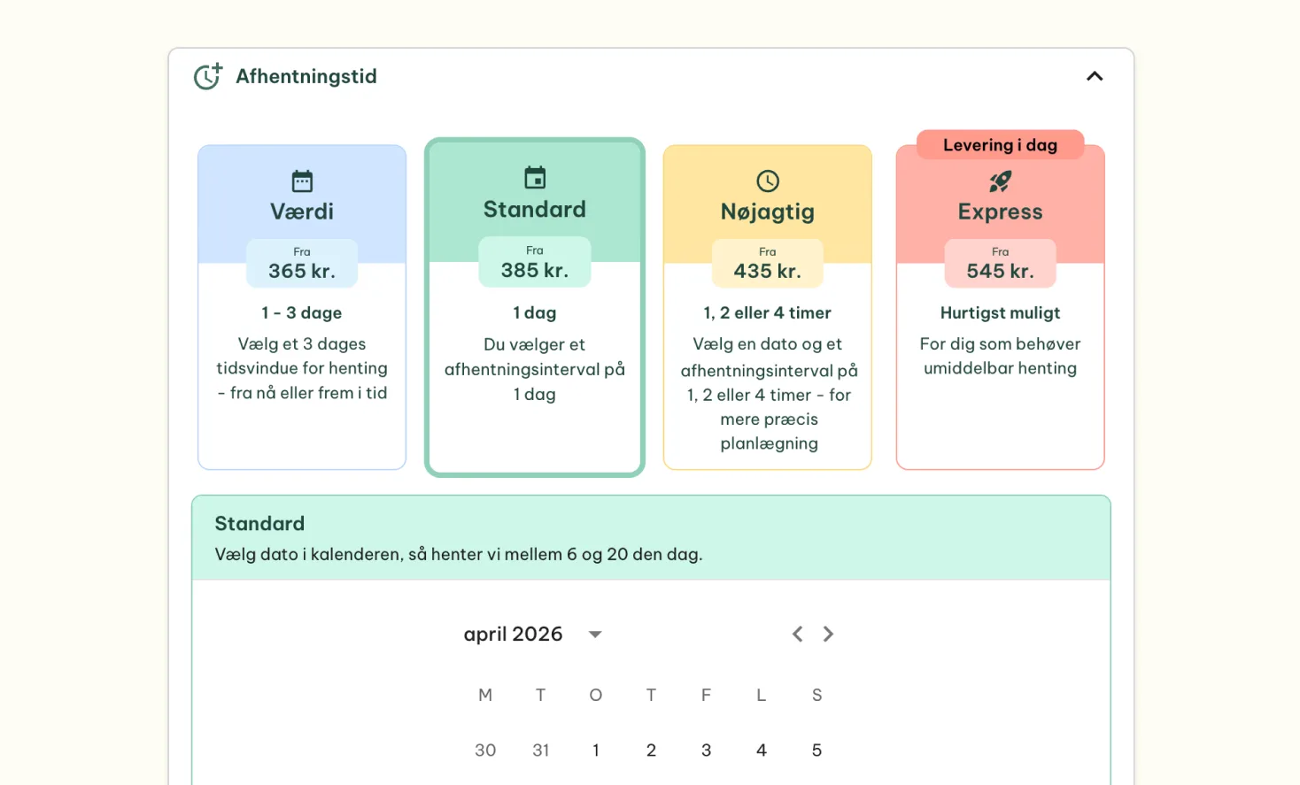 Gire booking, vælg tidspunkt og dato for afhentning