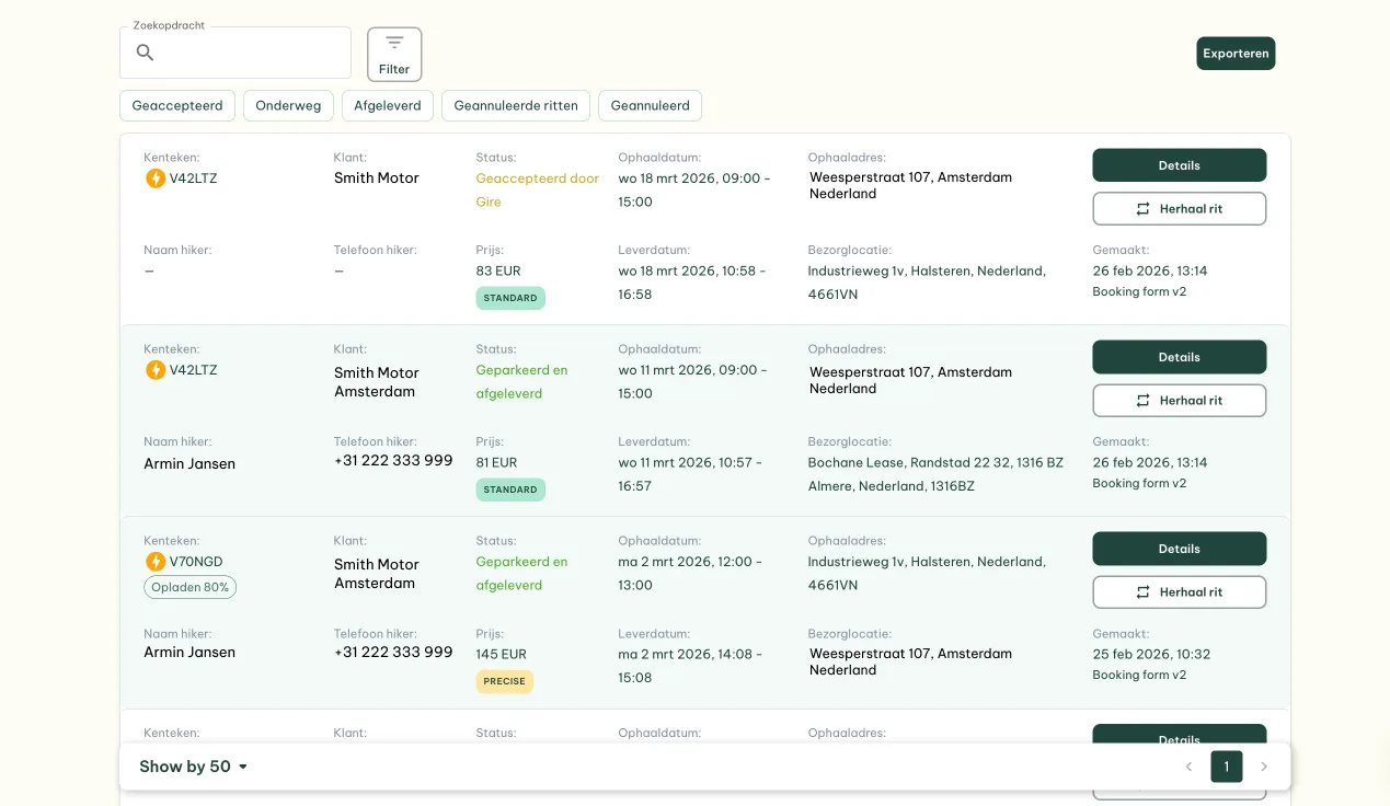 Gire klantplatform, overzicht van alle ritten en statussen