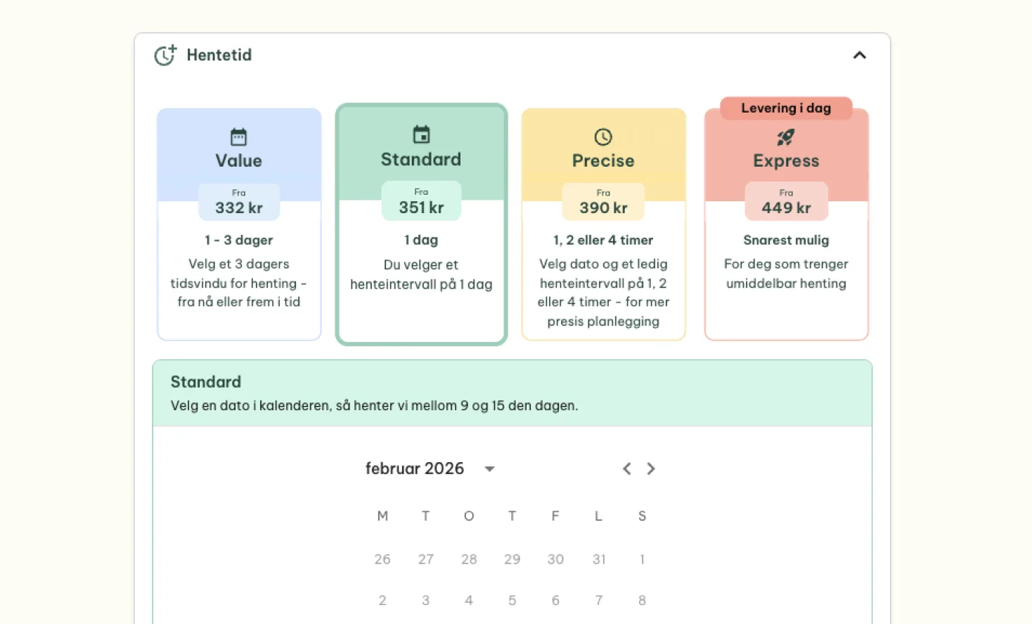 Gire bestilling, velg hentetidspunkt og dato