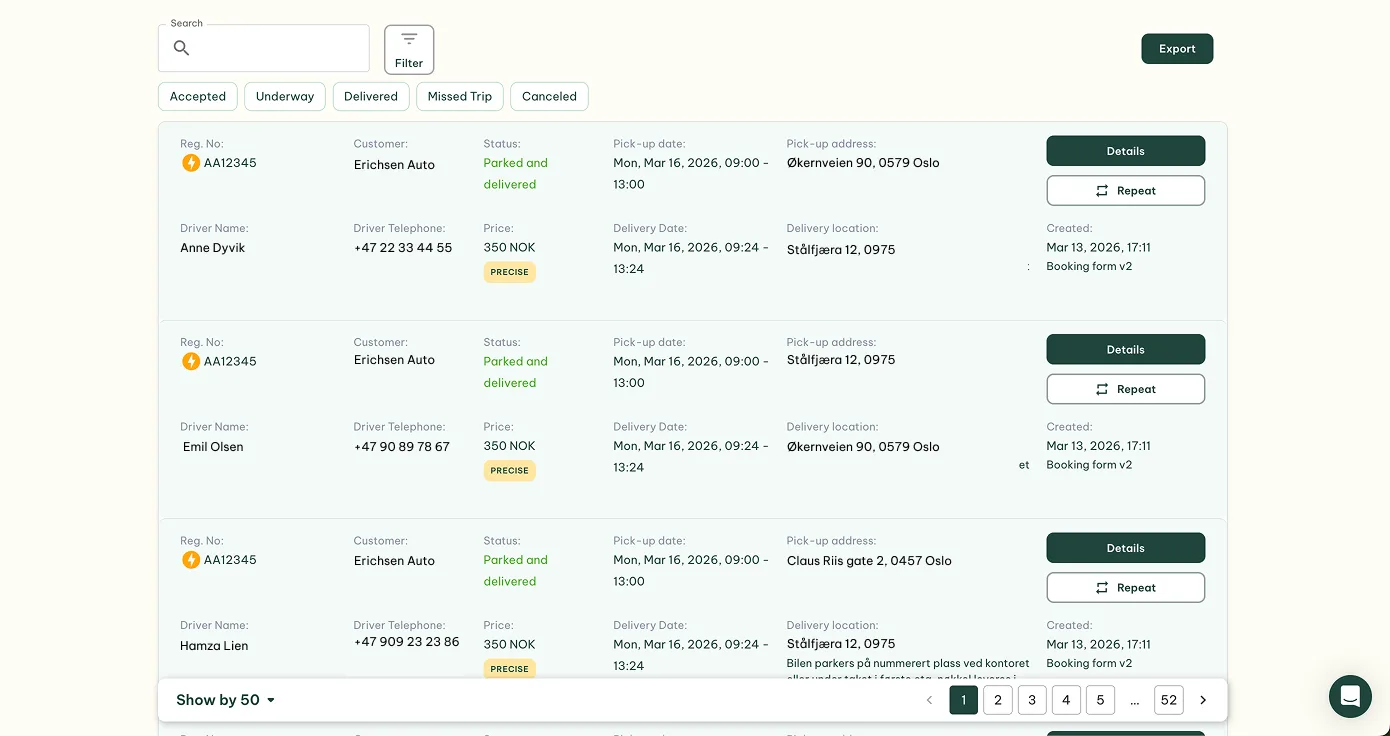 Gire oppdragsoversikt, alle turer og statuser